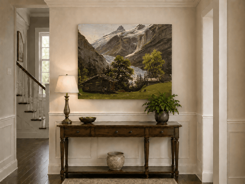 Landscape Oil Painting - Alpine Glacier Valley with Swiss Chalet