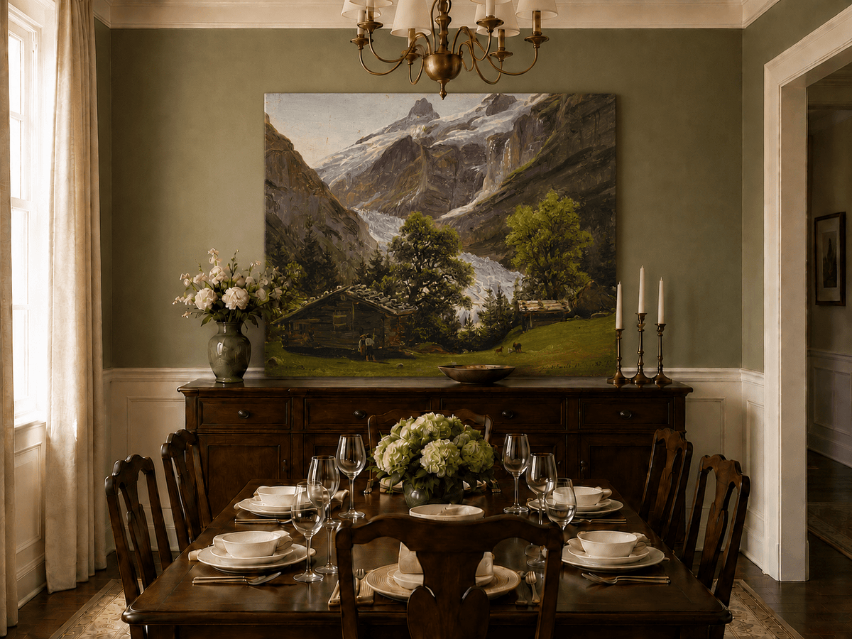 Landscape Oil Painting - Alpine Glacier Valley with Swiss Chalet