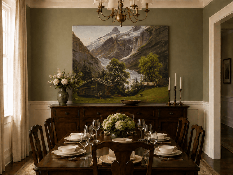 Landscape Oil Painting - Alpine Glacier Valley with Swiss Chalet