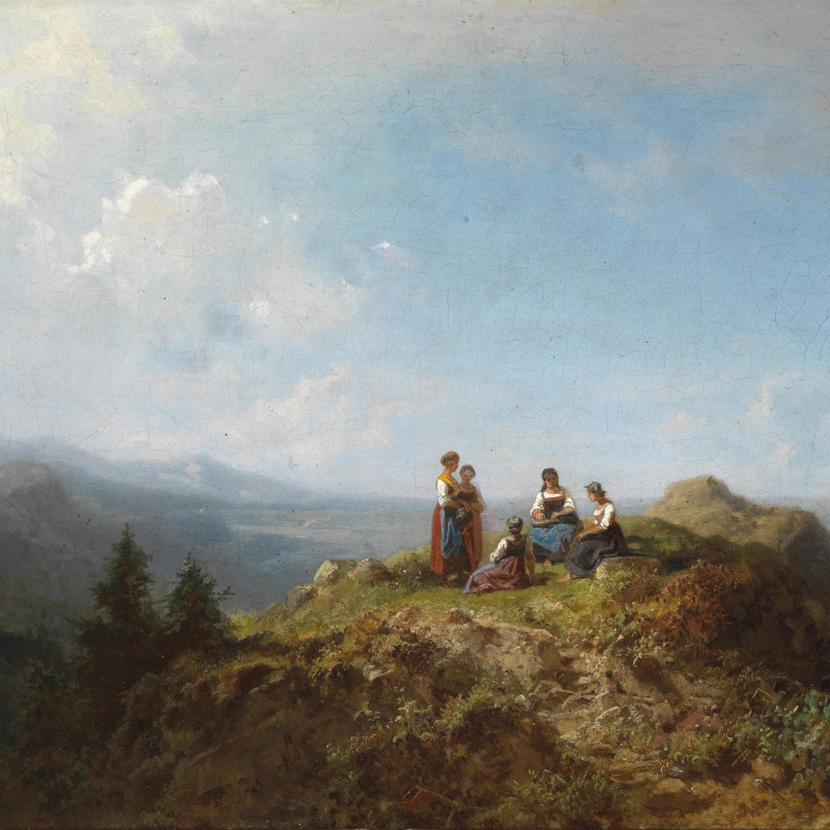 Landscape Oil Painting - Alpine Hilltop Gathering & Women Figures, Vistas - Oil Painting Haven