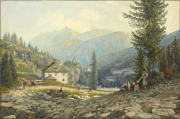 Hand-painted alpine hot springs with mountain view landscape oil painting on canvas