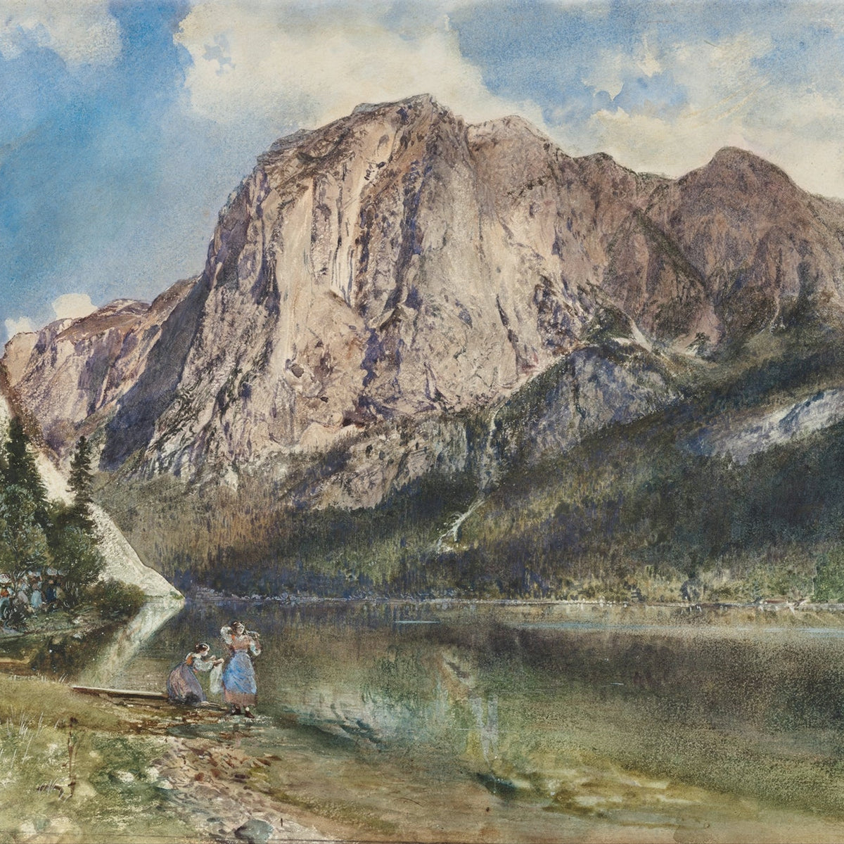 Hand-painted alpine lake and majestic mountain view landscape oil painting on canvas