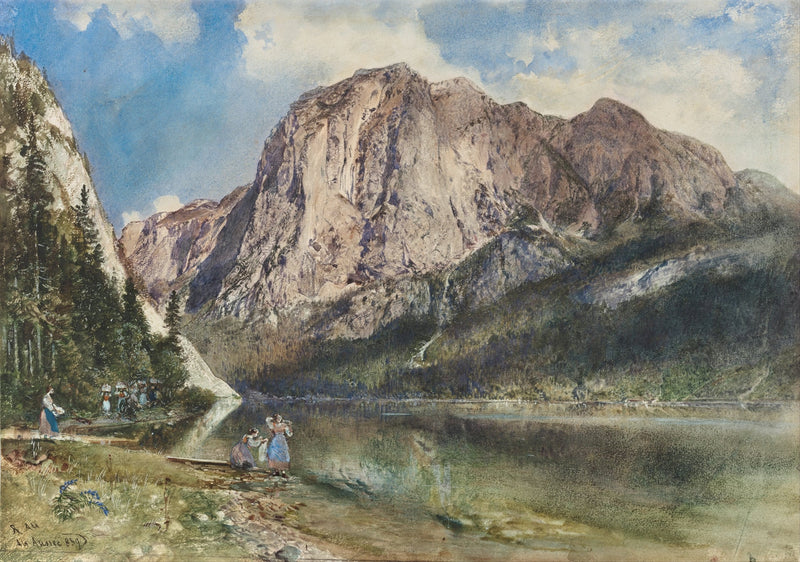Hand-painted alpine lake and majestic mountain view landscape oil painting on canvas