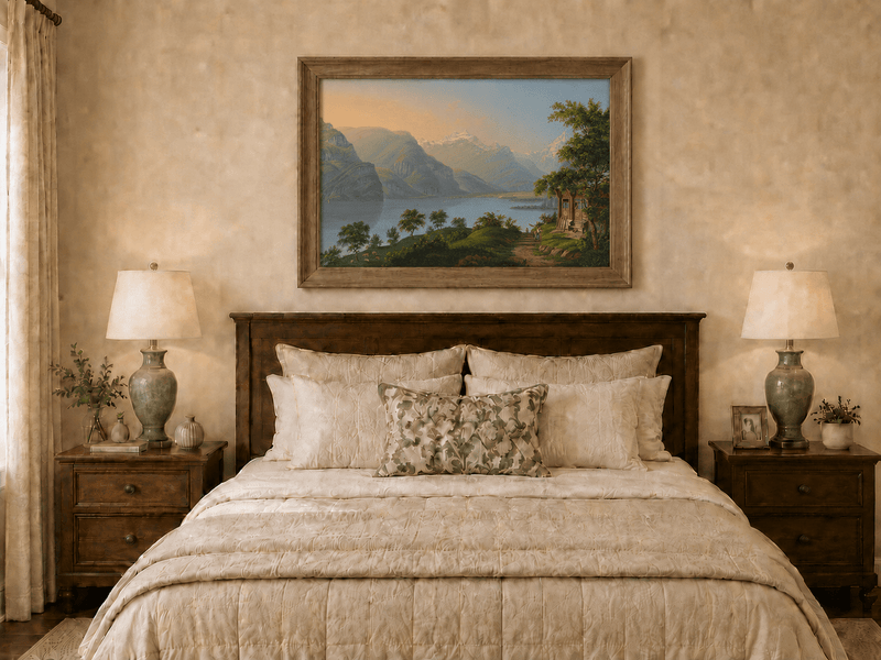 Landscape Oil Painting - Alpine Lake and Mountain Cottage View