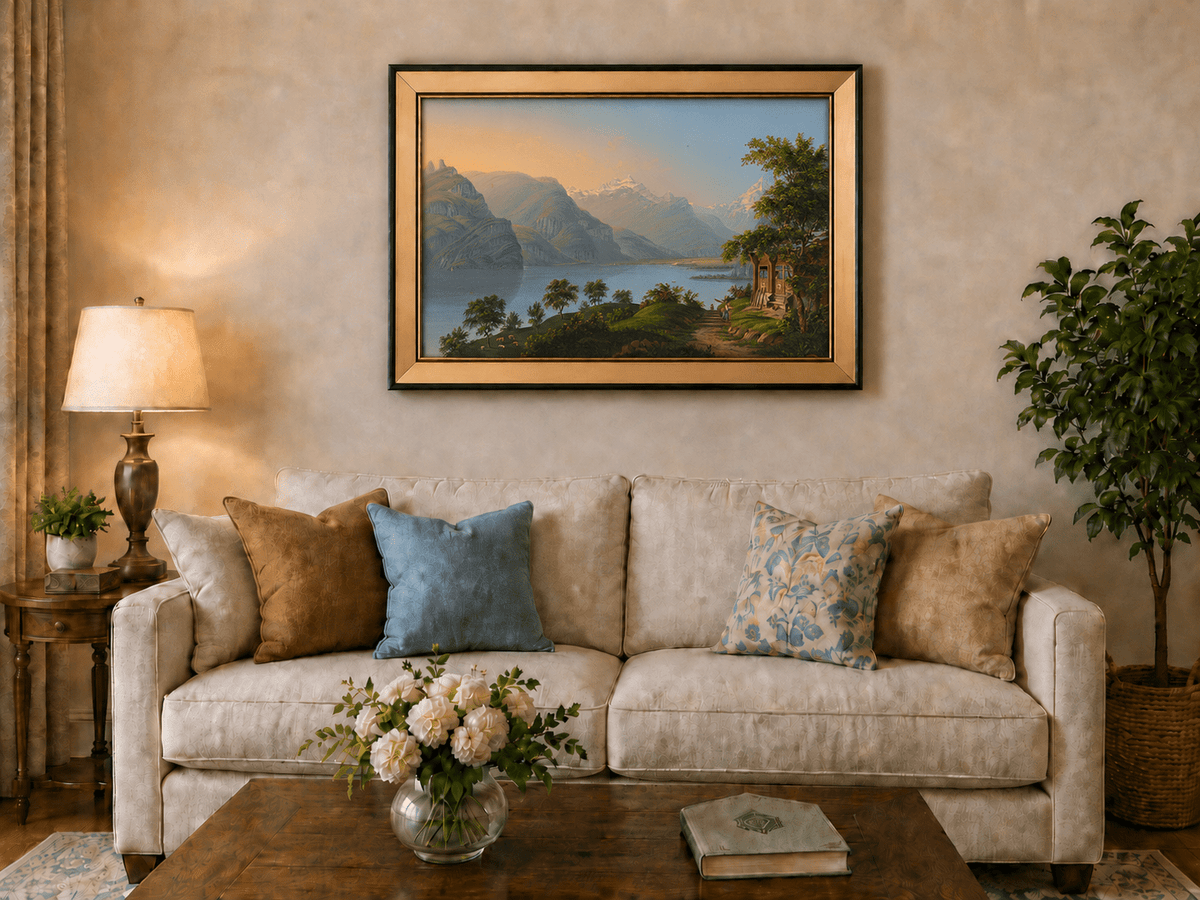 Landscape Oil Painting - Alpine Lake and Mountain Cottage View