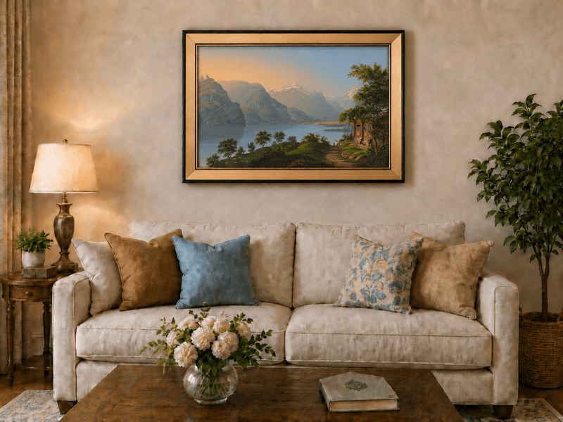 Landscape Oil Painting - Alpine Lake and Mountain Cottage View
