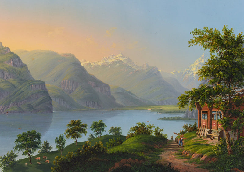 Landscape Oil Painting - Alpine Lake and Mountain Cottage View - Oil Painting Haven