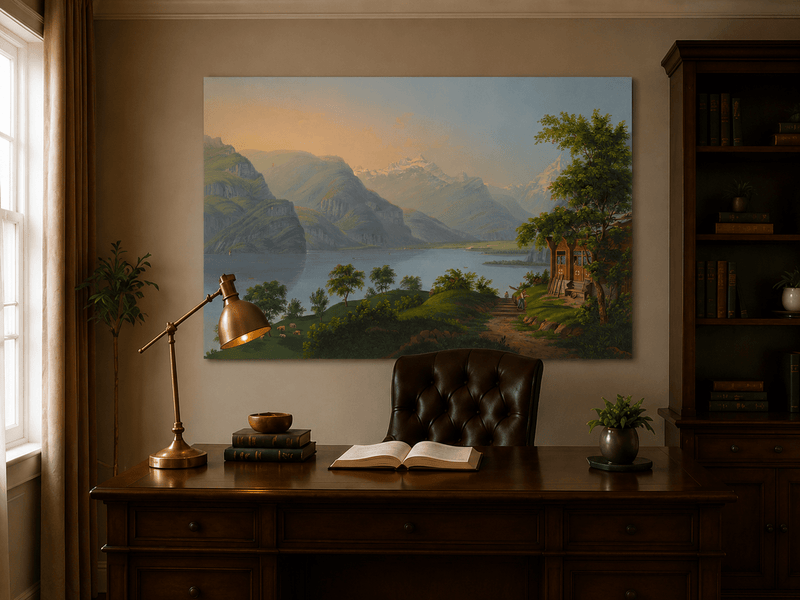 Landscape Oil Painting - Alpine Lake and Mountain Cottage View