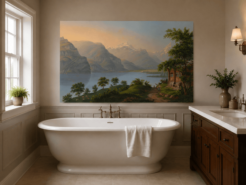 Landscape Oil Painting - Alpine Lake and Mountain Cottage View