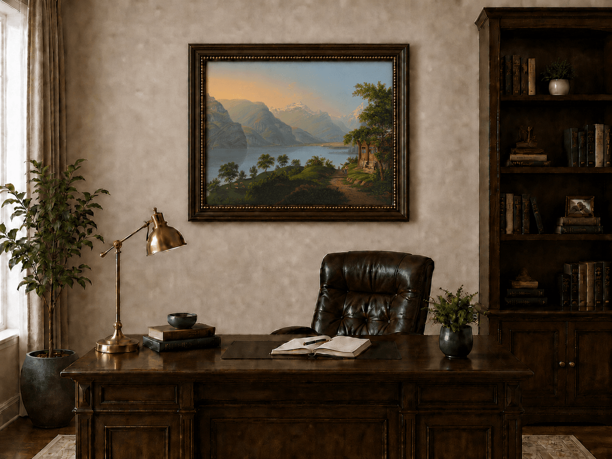 Landscape Oil Painting - Alpine Lake and Mountain Cottage View