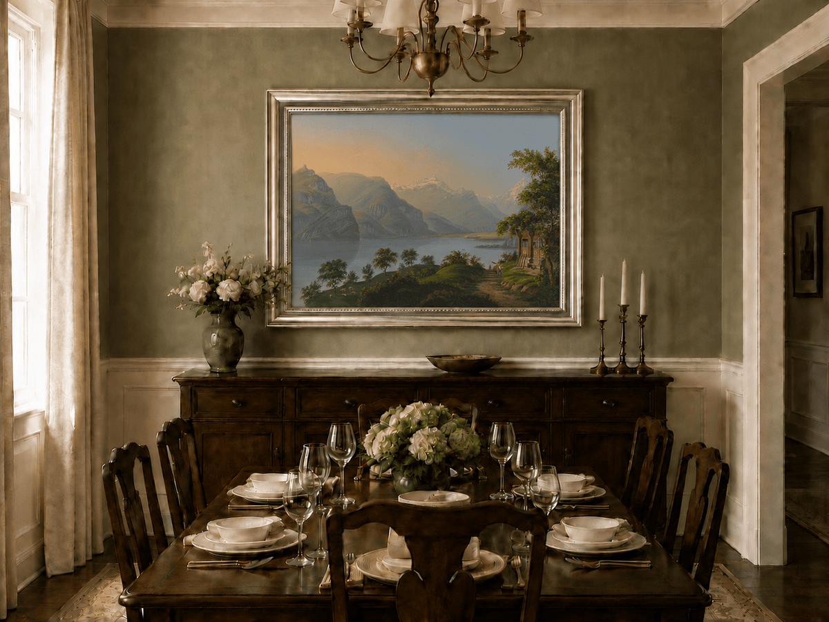 Landscape Oil Painting - Alpine Lake and Mountain Cottage View