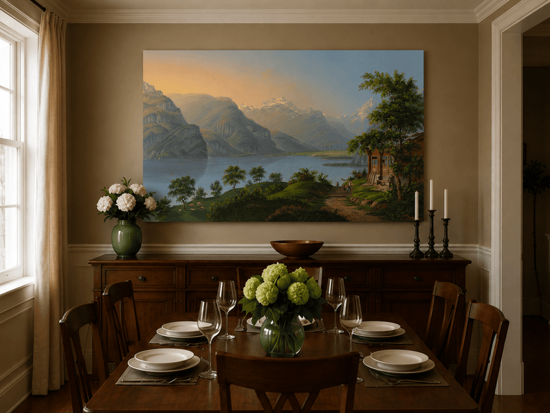 Landscape Oil Painting - Alpine Lake and Mountain Cottage View