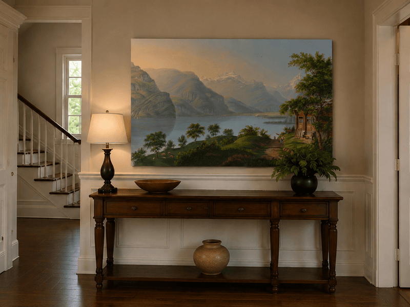 Landscape Oil Painting - Alpine Lake and Mountain Cottage View