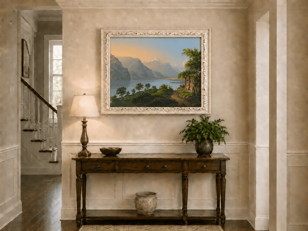 Landscape Oil Painting - Alpine Lake and Mountain Cottage View