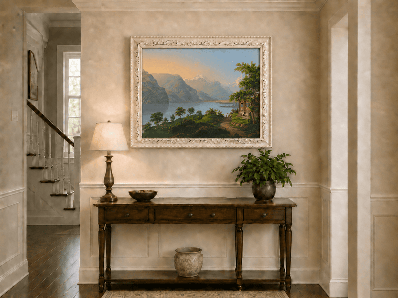 Landscape Oil Painting - Alpine Lake and Mountain Cottage View