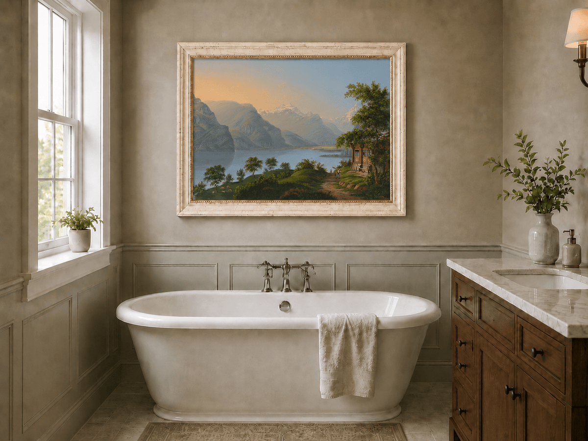 Landscape Oil Painting - Alpine Lake and Mountain Cottage View
