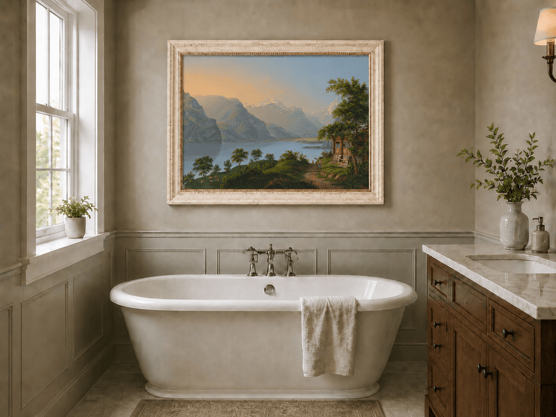 Landscape Oil Painting - Alpine Lake and Mountain Cottage View