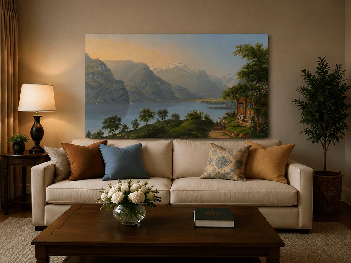 Landscape Oil Painting - Alpine Lake and Mountain Cottage View