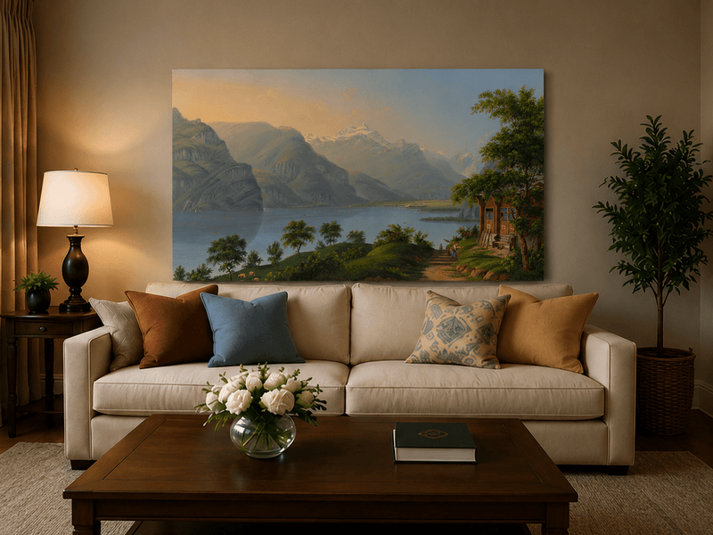 Landscape Oil Painting - Alpine Lake and Mountain Cottage View
