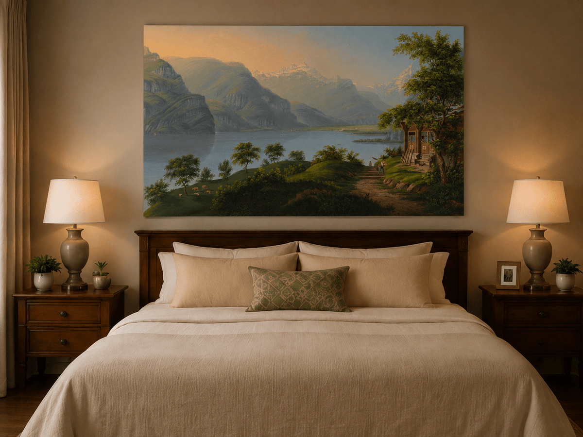 Landscape Oil Painting - Alpine Lake and Mountain Cottage View