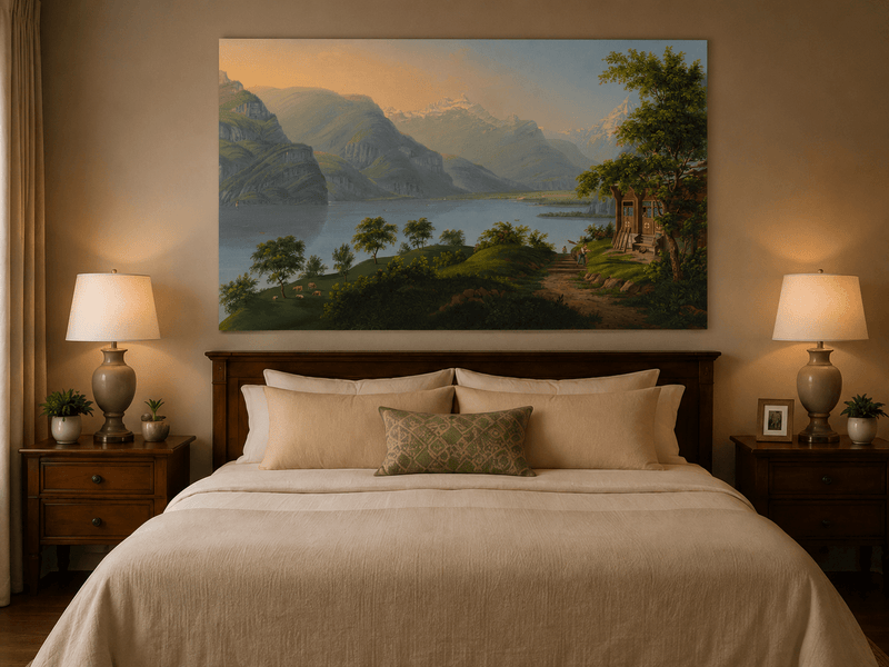 Landscape Oil Painting - Alpine Lake and Mountain Cottage View