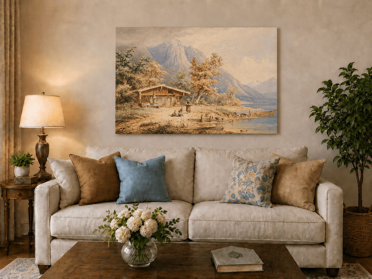 Landscape Oil Painting - Alpine Lake and Mountain Panorama