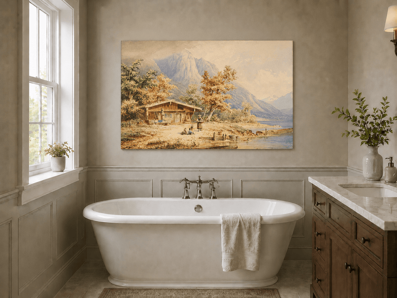 Landscape Oil Painting - Alpine Lake and Mountain Panorama