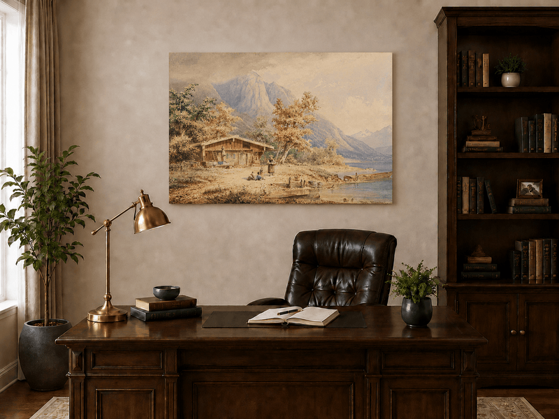 Landscape Oil Painting - Alpine Lake and Mountain Panorama
