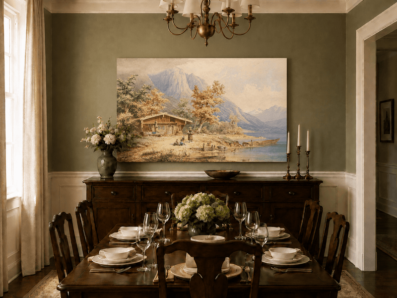 Landscape Oil Painting - Alpine Lake and Mountain Panorama