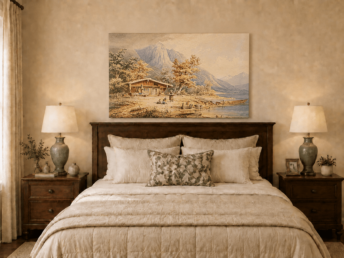 Landscape Oil Painting - Alpine Lake and Mountain Panorama