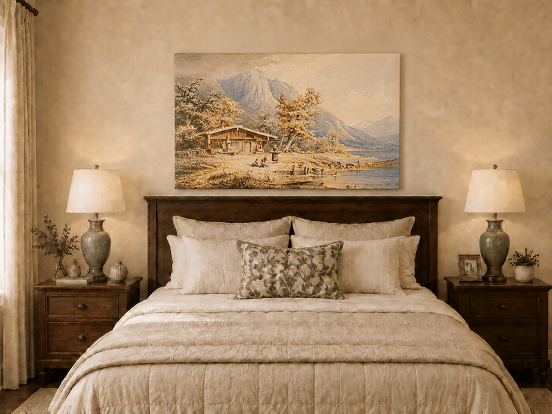 Landscape Oil Painting - Alpine Lake and Mountain Panorama