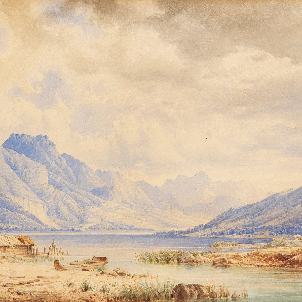 Hand-painted alpine lake and mountain panorama landscape oil painting on canvas