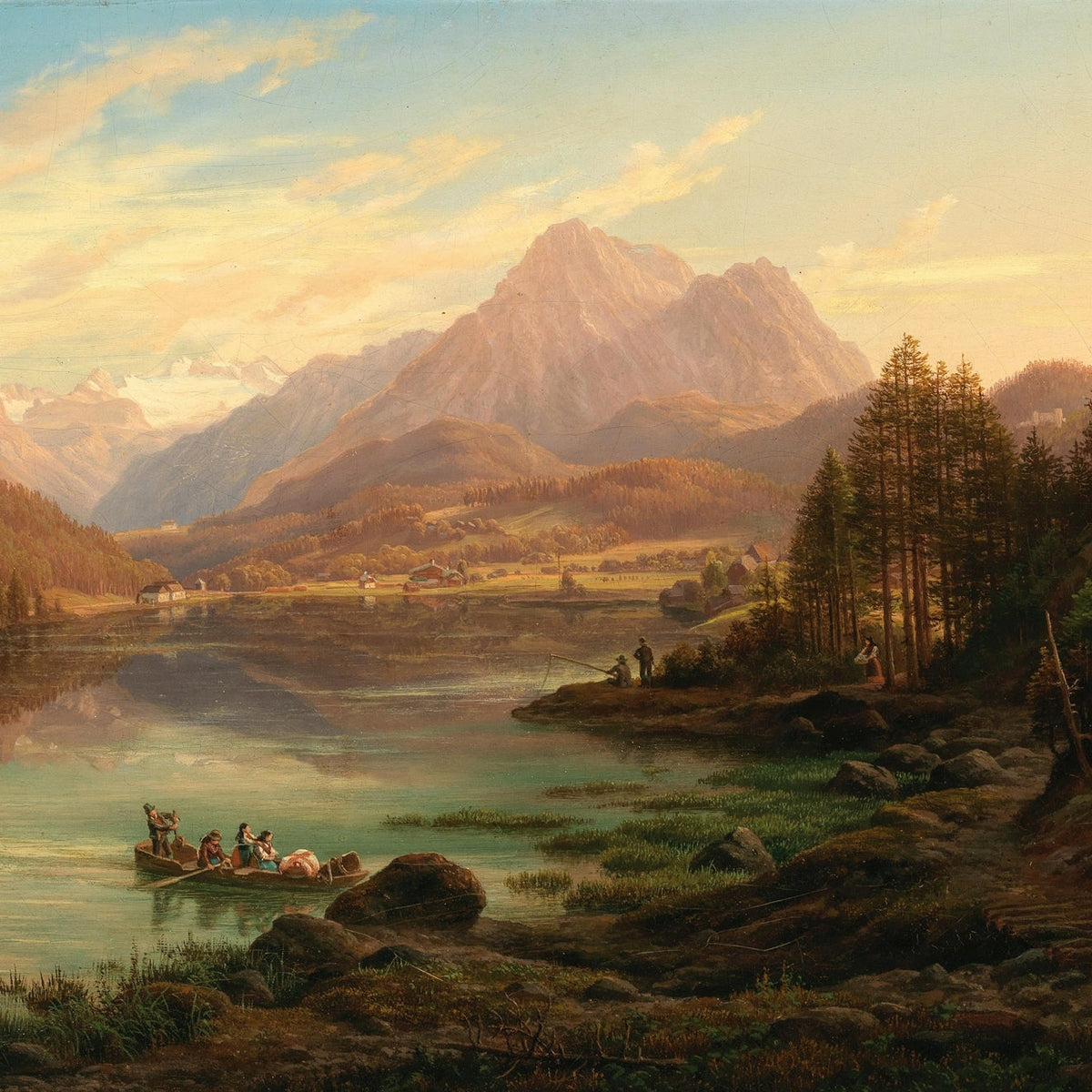 Hand-painted alpine lake and mountain reflections landscape oil painting on canvas