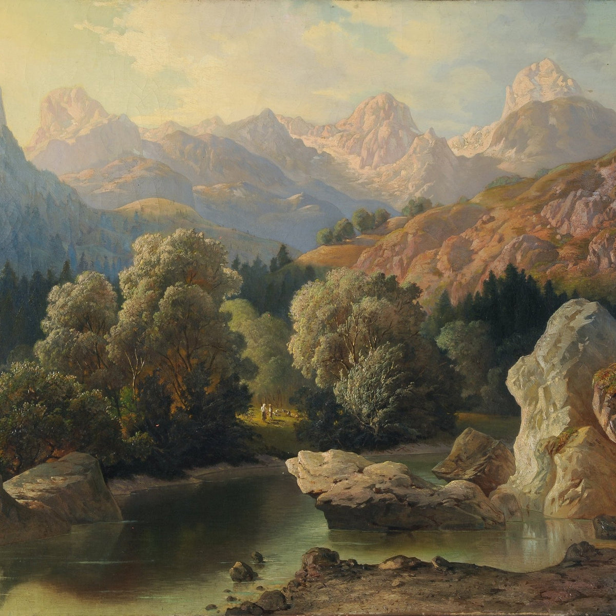 Hand-painted alpine lake and sunlit mountain peaks landscape oil painting on canvas