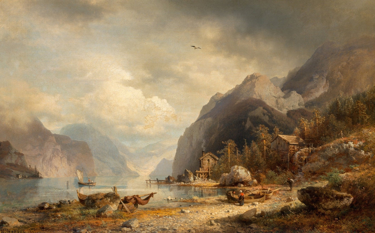 Hand-painted alpine lake, boats and mountain cabin landscape oil painting on canvas