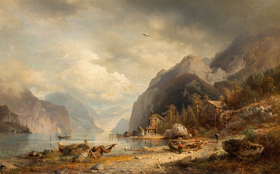 Hand-painted alpine lake, boats and mountain cabin landscape oil painting on canvas