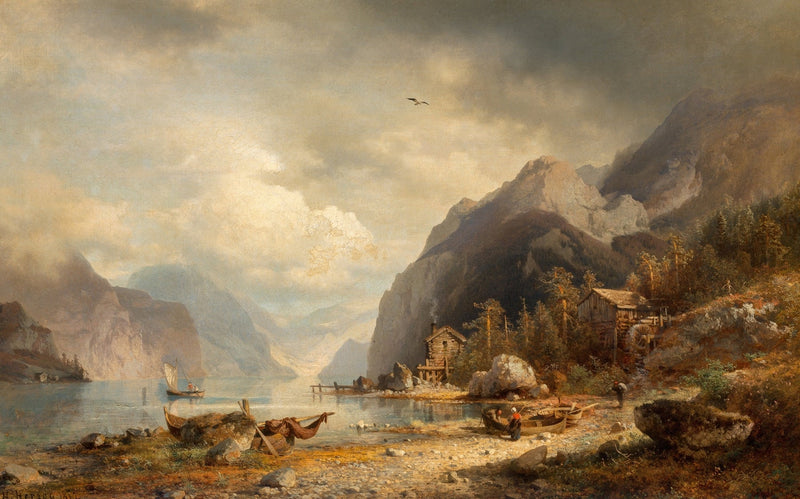 Hand-painted alpine lake, boats and mountain cabin landscape oil painting on canvas