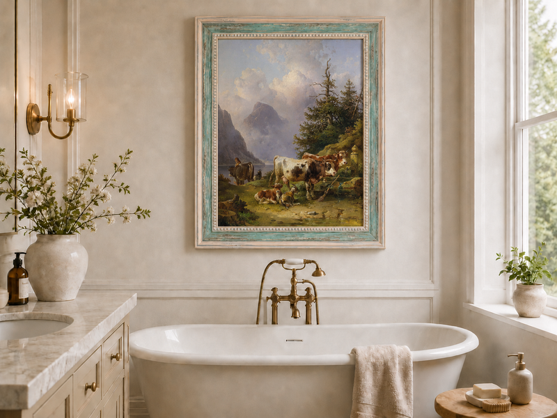 Hand-painted alpine lake with cattle, goats, herder and mountain landscape oil painting displayed in a bathroom interior above a bathtub.