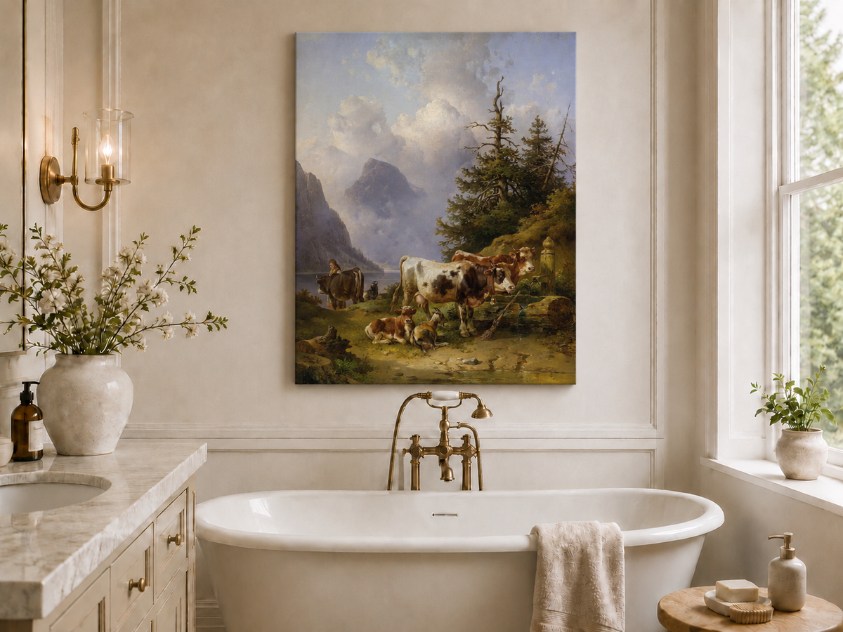 Hand-painted alpine lake with cattle, goats, herder and mountain landscape oil painting displayed in a bathroom interior above a bathtub.