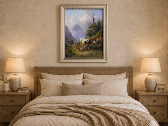 Hand-painted alpine lake with cattle, goats, herder and mountain landscape oil painting displayed above a bed in a bedroom interior.