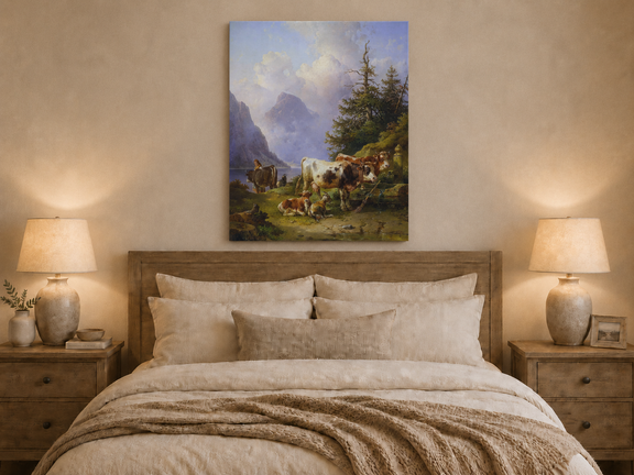 Hand-painted alpine lake with cattle, goats, herder and mountain landscape oil painting displayed above a bed in a bedroom interior.