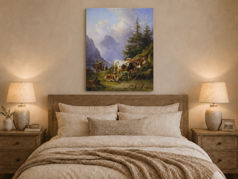 Hand-painted alpine lake with cattle, goats, herder and mountain landscape oil painting displayed above a bed in a bedroom interior.