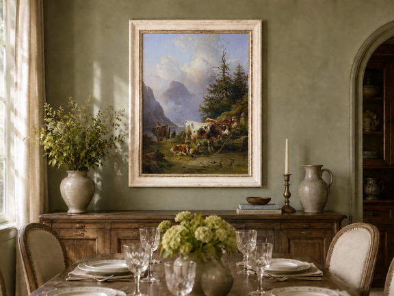 Hand-painted alpine lake with cattle, goats, herder and mountain landscape oil painting displayed in a dining room interior.