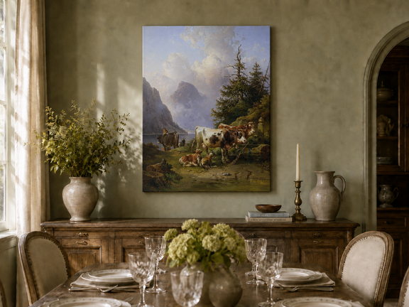Hand-painted alpine lake with cattle, goats, herder and mountain landscape oil painting displayed in a dining room interior.