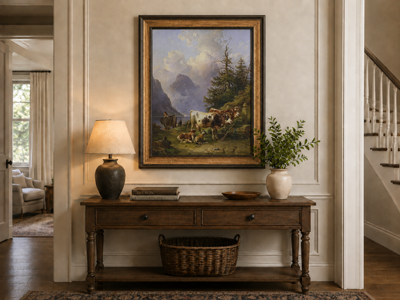 Hand-painted alpine lake with cattle, goats, herder and mountain landscape oil painting displayed above a console table in a hallway interior.