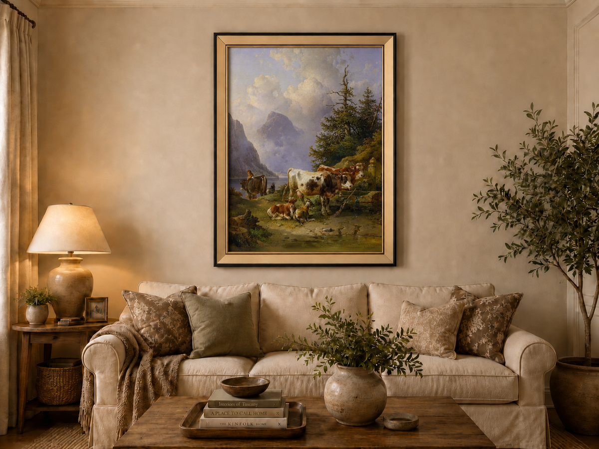 Hand-painted alpine lake with cattle, goats, herder and mountain landscape oil painting displayed above a sofa in a living room interior.