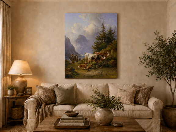 Hand-painted alpine lake with cattle, goats, herder and mountain landscape oil painting displayed above a sofa in a living room interior.