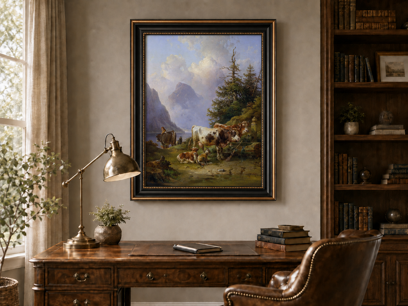 Hand-painted alpine lake with cattle, goats, herder and mountain landscape oil painting displayed above a desk in a home office interior.