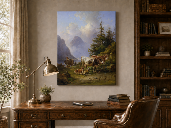 Hand-painted alpine lake with cattle, goats, herder and mountain landscape oil painting displayed above a desk in a home office interior.