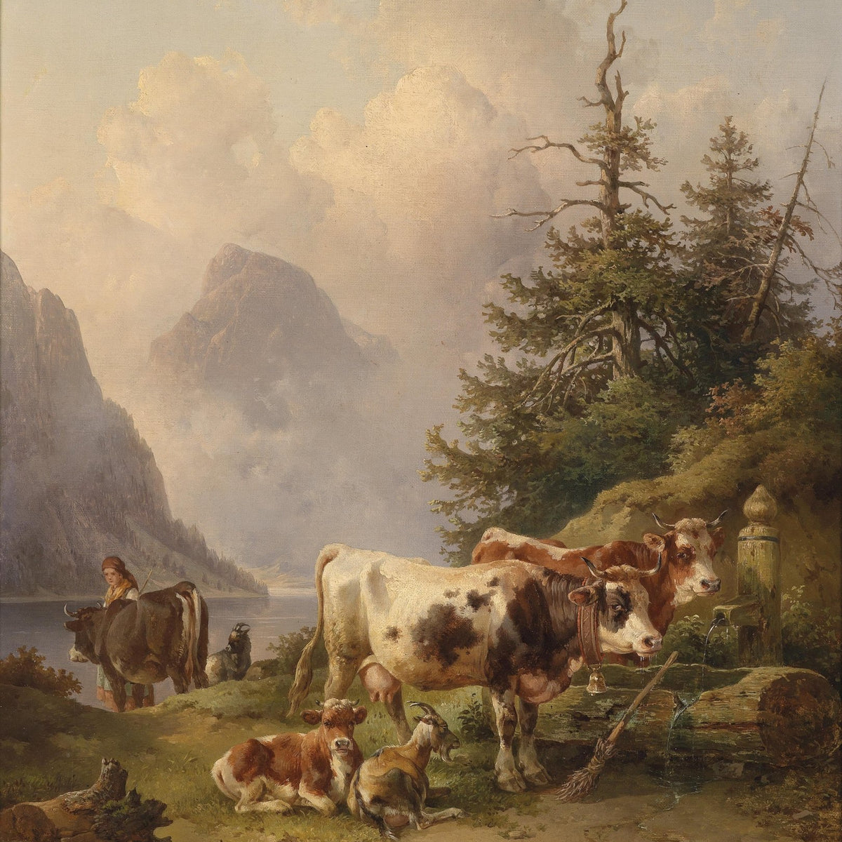 Landscape Oil Painting - Alpine Lake Cattle, Goats, Herder & Mountain - Oil Painting Haven